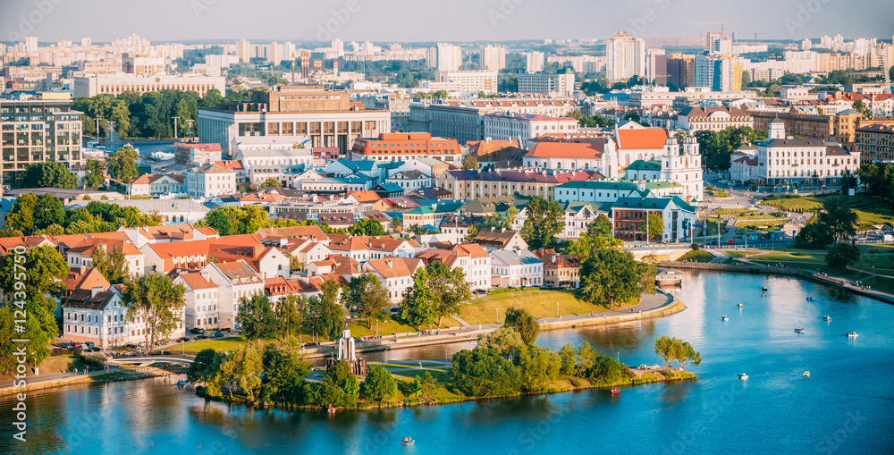 Obraz na płótnie Aerial View, Cityscape Of Minsk, Belarus. Summer Season, Sunset. w salonie