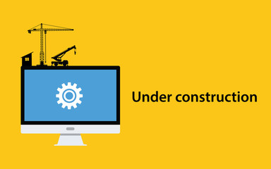 Fototapete - under construction concept with pc computer monitor gear icon crane construct and yellow background