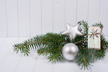 Christmas decoration on a white striped background - selective f