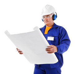 Wall Mural - Construction worker with blueprint, isolated on white