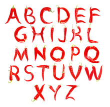 English Alphabet Made Of Chili Peppers On White Background