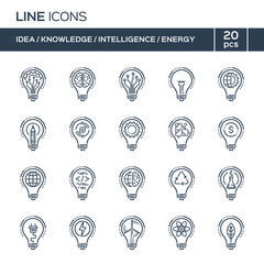 Thin line icons set. Ideas, knowledge, intelligence, energy. 