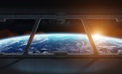 Wall Mural - View of planet Earth from inside a space station 3D rendering el