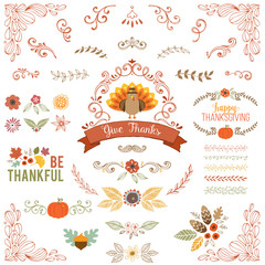 Wall Mural - autumn and thanksgiving set with vintage ornate motifs and typographic design elements.