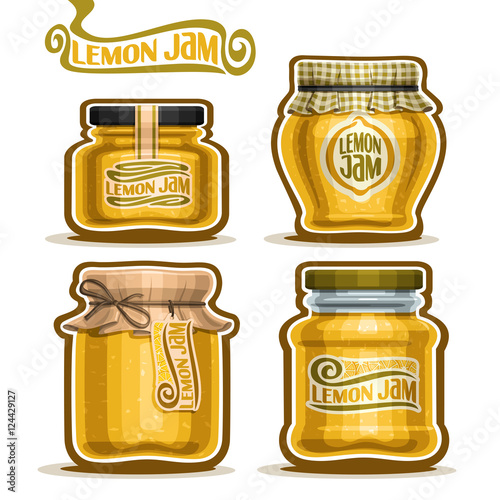 Vector logo  Lemon Jam  in glass Jars with paper lid yellow 