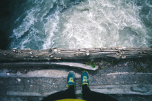 Woman Feet Standing On Wooden Bridge Edge Over River Travel Lifestyle Concept Summer Vacations