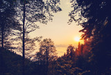 Fototapeta  - Beautiful Sunset Landscape Forest in mountains over clouds Travel scenic view