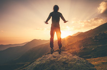 Young Man Flying Levitation Jumping In Sunset Mountains Lifestyle Travel Concept Outdoor