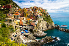 Traditional Picturesque Manarola Village, Cinque Terre, Italy, Europe. The Cinque Terre Is A Rugged Portion Of Coast On The Italian Riviera.