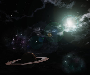 Wall Mural - planet with asteroid rings. stars shine. space landscape.