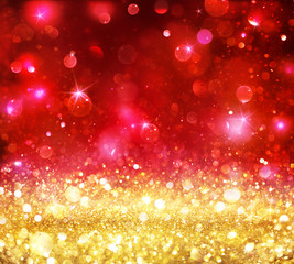 Wall Mural - christmas bokeh - golden glitter with shining red backdrop