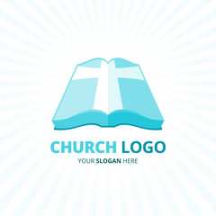 Wall Mural - Christian church logo design with blue bible book and cross shape icon isolated on light rays background. Vector illustration.