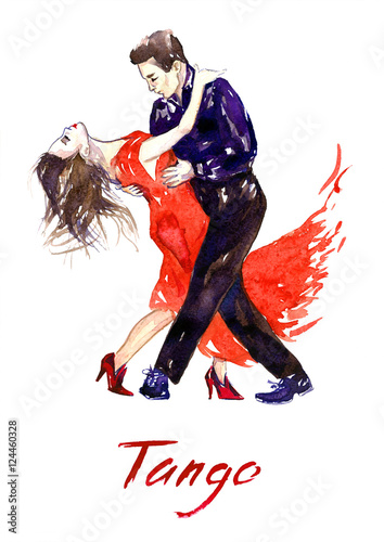 Naklejka - mata magnetyczna na lodówkę Passionate couple dancing tango, hand painted watercolor illustration