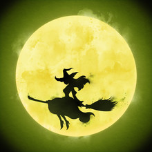 Witch On The Moon, Cartoon Halloween Poster Watercolor Illustration