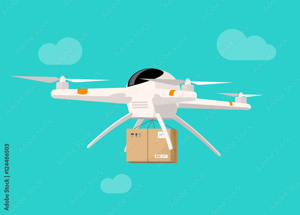 Drone delivery box vector illustration, flat cartoon drone flying in ...