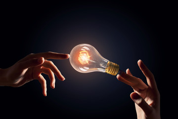Wall Mural - hand pointing light bulb . mixed media