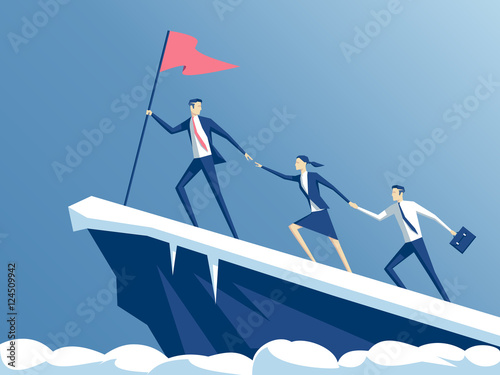 Fotomural business people climb to the top of the mountain, leader helps the team to climb