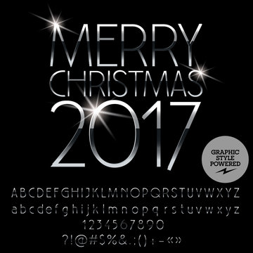 Vector silver Merry Christmas 2017 greeting card with set of letters, symbols and numbers. File contains graphic styles