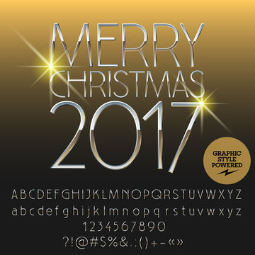 Vector silver shiny Merry Christmas 2017 greeting card with set of letters, symbols and numbers. File contains graphic styles