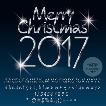 Vector silver bright Merry Christmas 2017 greeting card with set of letters, symbols and numbers. File contains graphic styles
