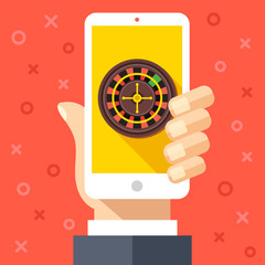 Aufkleber - Hand holding smartphone with casino roulette wheel on screen. Gambling, casino app graphic design concepts. Flat design vector illustration