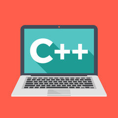Aufkleber - Laptop with C++ title on screen. Learn C++ programming language concept. Modern long shadow flat design vector illustration