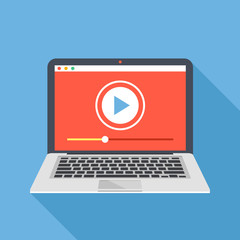 Poster - Modern laptop with video player on screen. Online video, watch movies, educational materials, web courses concepts. Long shadow flat design. Vector illustration