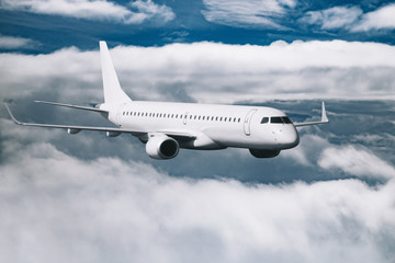 Wall Mural - White airplane flying higher clouds at daytime