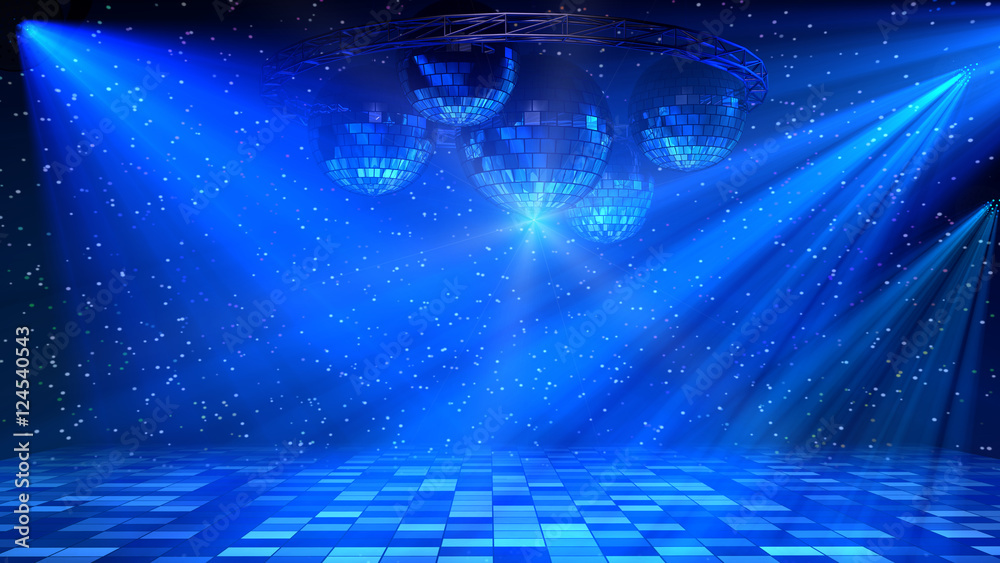 Blue disco dance floor with mirror balls, lattice circle and spot lights. 3d render. - obrazy, fototapety, plakaty 