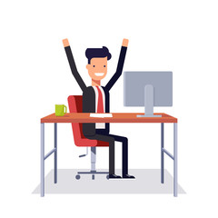 Poster - Successful businessman sitting in a chair at a desk. Man rejoices results in a business suit. Man smiling with arms raised. Vector illustration in a flat style
