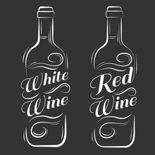 Wine Bottle. White, Red Wine. Advertising Design For Pub On Black Background.