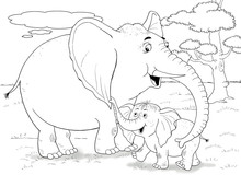 The Zoo. Animals Of Africa. Elephants. Cute Elephant Mother And Her Baby. Illustration For Children. Coloring Book. Coloring Page. Cartoon Character.