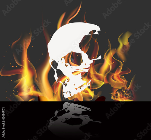 eps 10 vector skull isolated on burning flames of fire background Poster