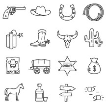 Wild West Icons Set. Elements Of The Wild West, Thin Line Design. Cowboy Accessories, Linear Symbols Collection. Attributes American Frontier, Isolated Vector Illustration.