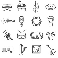 Musical instruments icons set. Various devices for music linear symbols collection.