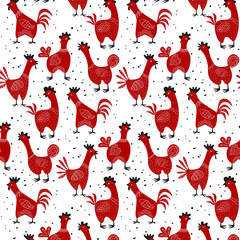 Seamless pattern background with red roosters on the white backg