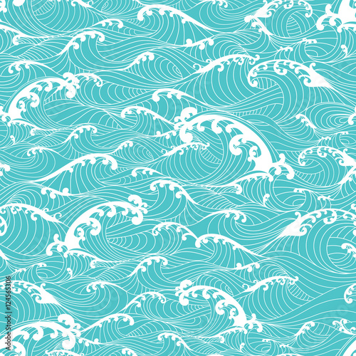 Photographie Ocean waves, stripes pattern seamless hand drawn Asian style