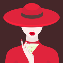 Woman In Red Hat And Red Dress With A Glass In Hand. The Girl At The Party. Vector Illustration.