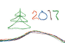 Christmas Tree And Number 2017 Made From Cables Of Twisted Pair RJ45 For Lan Network. Concept Of New Year, Christmas, Internet Connection, Communication