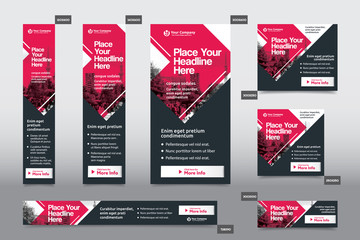 Red Color Scheme with City Background Corporate Web Banner Template in multiple sizes. Easy to adapt to Brochure, Annual Report, Magazine, Poster, Corporate Advertising Media, Flyer, Website.