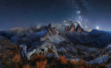 Alps Mountain Landscape With Night Sky And Mliky Way, Tre Cime D