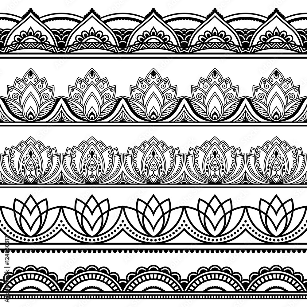Vector henna seamless borders set. Mehndi style. Set of ornamental ...