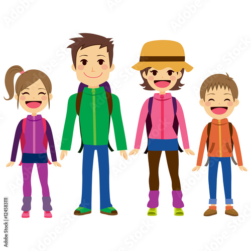 Happy family with full equipment ready for climbing mountain on a trip vacati...