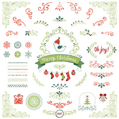 Wall Mural - ornate christmas collection. swirl elements with holly berry, snowflakes, christmas balls, socks, bi