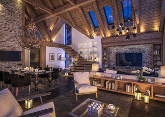 Wall Mural - 3D rendering of evening living room of chalet