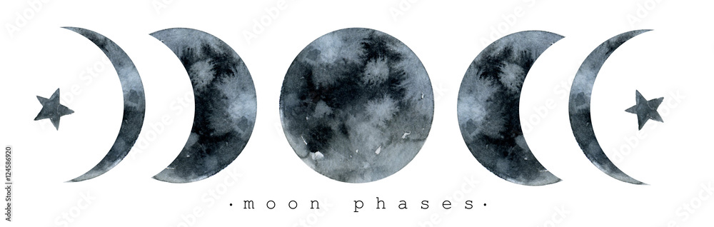 Moon various phases. Trendy watercolor illustration isolated on white background - obrazy, fototapety, plakaty 