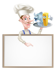 Wall Mural - Cartoon Chef Holding Fish and Chips Sign