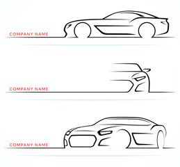 Set of sports car silhouettes isolated on white background. Front, rear, side views. Vector illustration