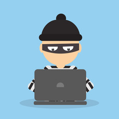 Poster - Robber at the office. Bad thief downloading information from computer. Man in the black mask and striped outfit.