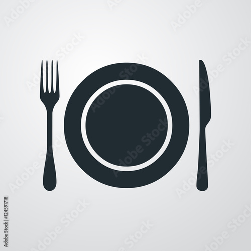 Fotografía Icono plano plato y cubiertos sobre fondo degradado gris